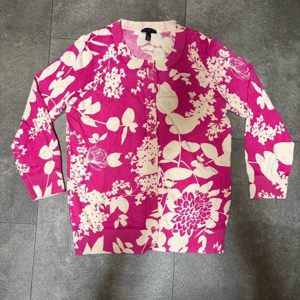 Talbots Womens Small Pink Cream Floral Button Front Cardigan Sweater Crew Neck